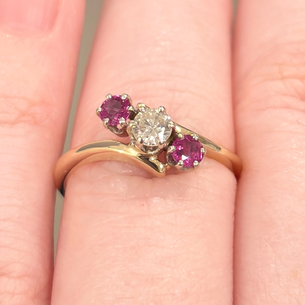 Vintage 14K Gold Diamond Ruby Ring: Three Stone Bypass, Size 6.25